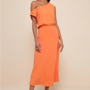 Casual Enchantment Orange Linen Off-the-Shoulder Midi Dress